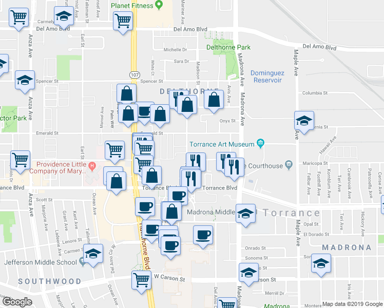 map of restaurants, bars, coffee shops, grocery stores, and more near 20924 Amie Avenue in Torrance