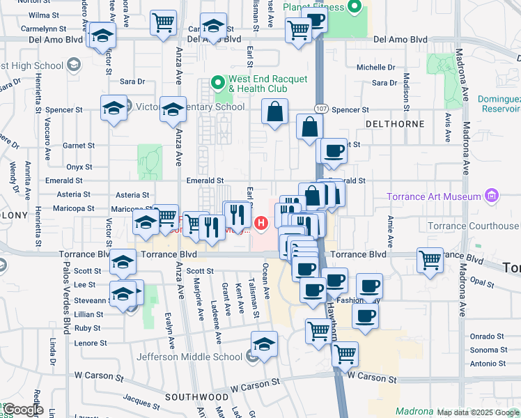 map of restaurants, bars, coffee shops, grocery stores, and more near 20920 Earl Street in Torrance