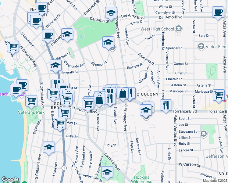 map of restaurants, bars, coffee shops, grocery stores, and more near 208 South Juanita Avenue in Redondo Beach
