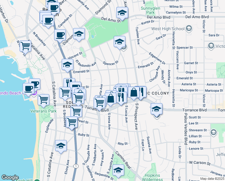 map of restaurants, bars, coffee shops, grocery stores, and more near 208 South Irena Avenue in Redondo Beach