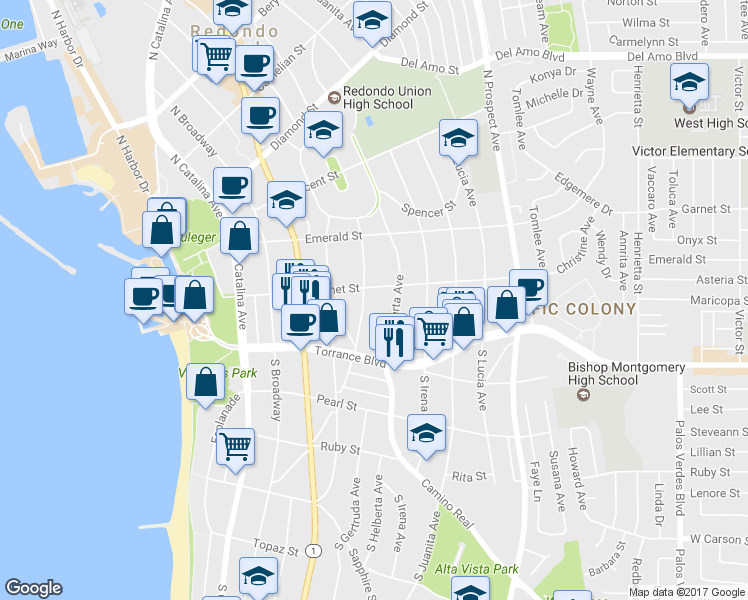 map of restaurants, bars, coffee shops, grocery stores, and more near 205 South Guadalupe Avenue in Redondo Beach