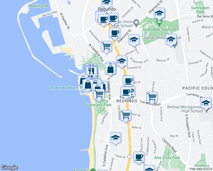 map of restaurants, bars, coffee shops, grocery stores, and more near 640 The Village in Redondo Beach