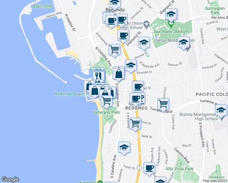 map of restaurants, bars, coffee shops, grocery stores, and more near 640 The Village in Redondo Beach
