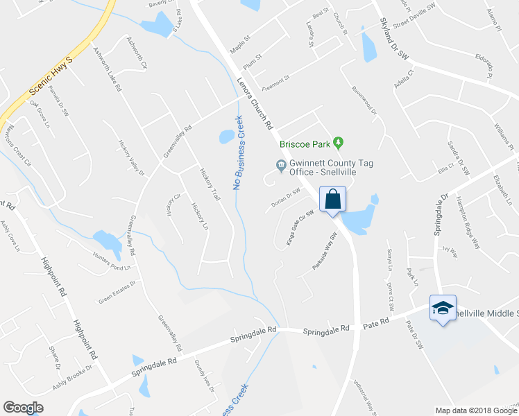 map of restaurants, bars, coffee shops, grocery stores, and more near 2643 Dorian Drive Southwest in Snellville