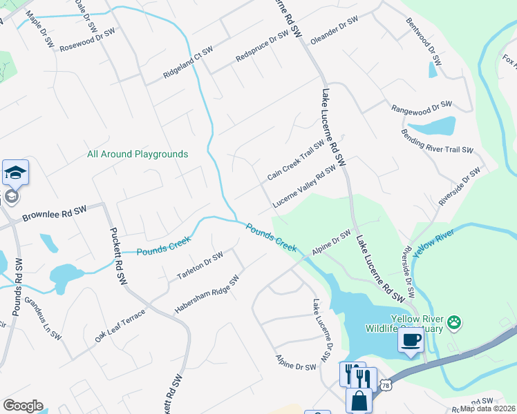 map of restaurants, bars, coffee shops, grocery stores, and more near 4681 Lucerne Valley Road Southwest in Lilburn