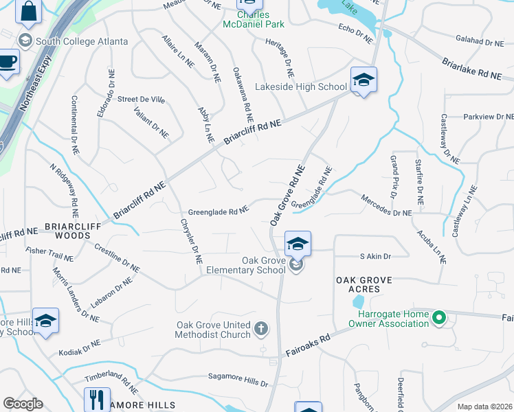 map of restaurants, bars, coffee shops, grocery stores, and more near 2401 Greenglade Road Northeast in Atlanta