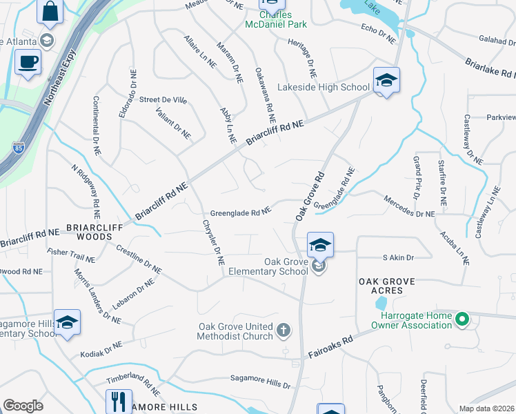 map of restaurants, bars, coffee shops, grocery stores, and more near 2362 Greenglade Road Northeast in Atlanta