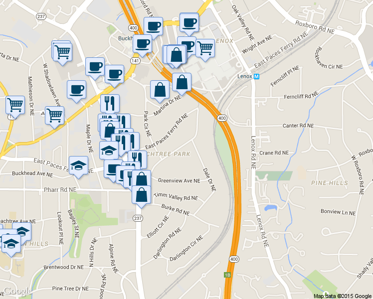 map of restaurants, bars, coffee shops, grocery stores, and more near 3125 Peachtree Drive Northeast in Atlanta