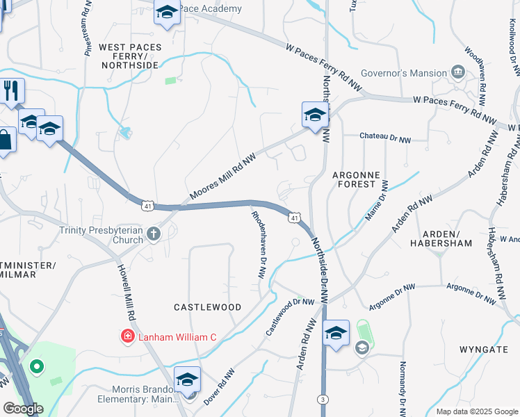 map of restaurants, bars, coffee shops, grocery stores, and more near 3091 Rhodenhaven Drive Northwest in Atlanta