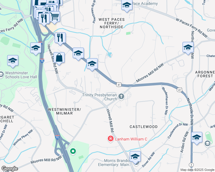 map of restaurants, bars, coffee shops, grocery stores, and more near 3100 Northside Parkway Northwest in Atlanta