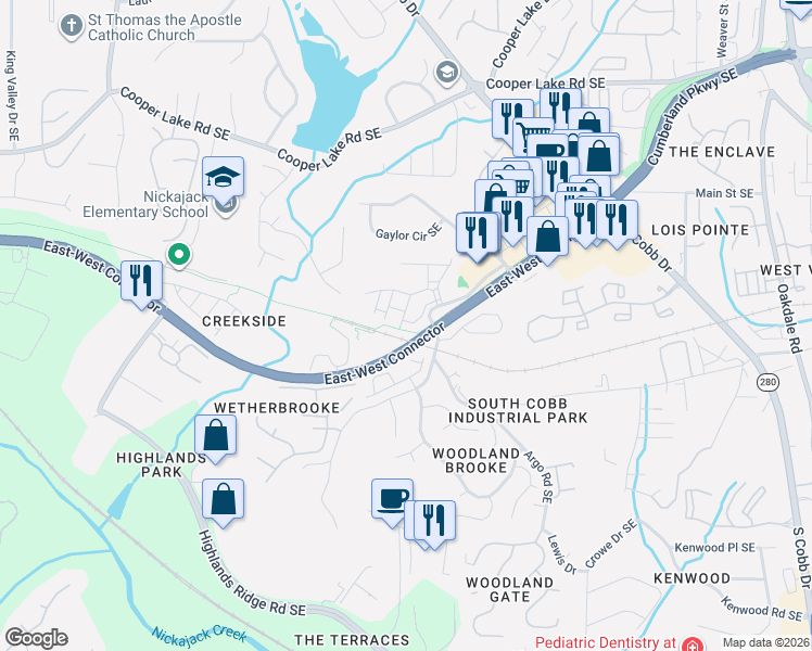 map of restaurants, bars, coffee shops, grocery stores, and more near 4732 Wehunt Trail in Smyrna