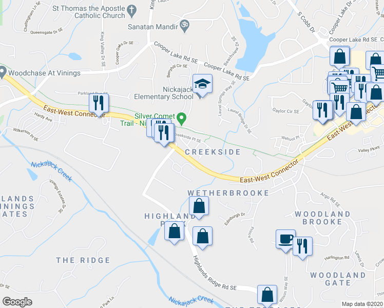 map of restaurants, bars, coffee shops, grocery stores, and more near 1292 Creekside Terrace Southeast in Smyrna