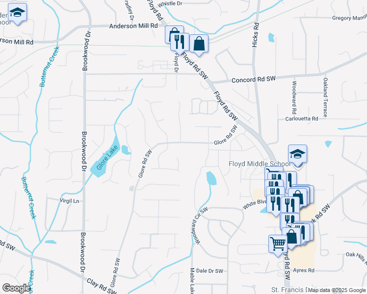 map of restaurants, bars, coffee shops, grocery stores, and more near 4667 Glore Road Southwest in Mableton