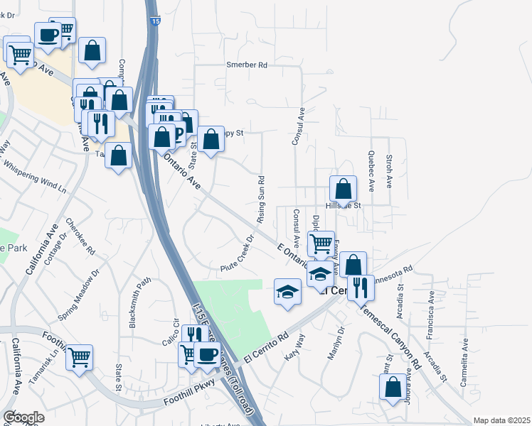 map of restaurants, bars, coffee shops, grocery stores, and more near 19280 Rising Sun Road in Corona