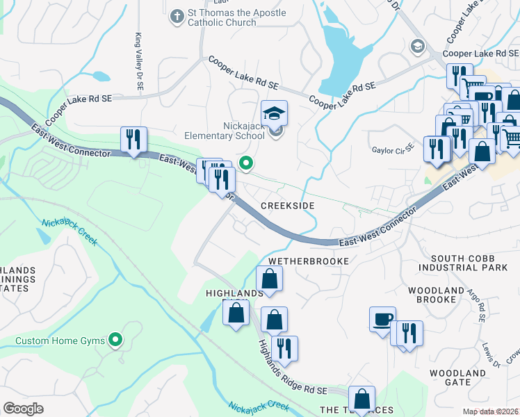 map of restaurants, bars, coffee shops, grocery stores, and more near 416 Creekview Trail Southeast in Smyrna