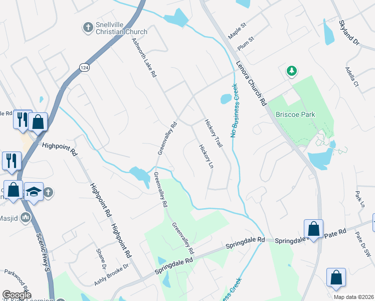 map of restaurants, bars, coffee shops, grocery stores, and more near 2776 Hickory Circle in Snellville