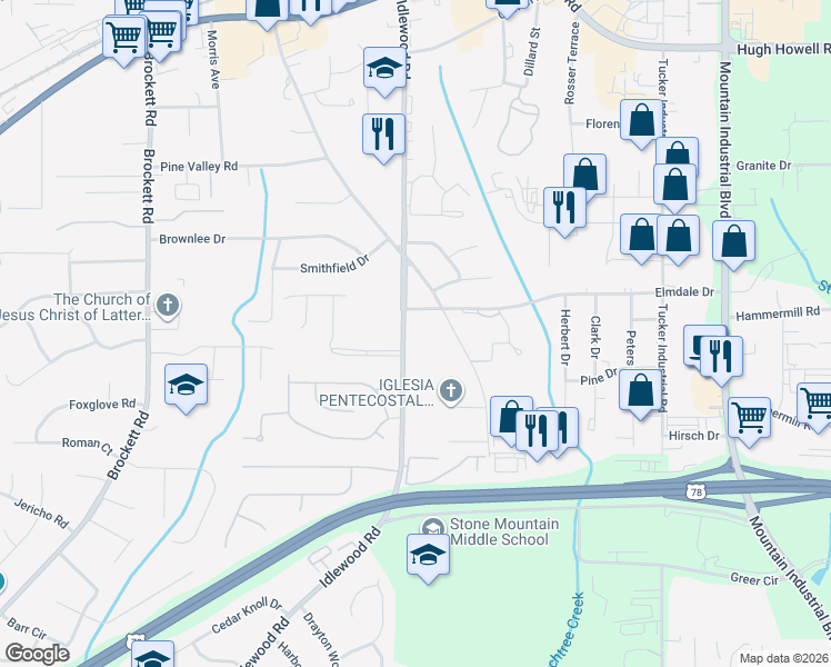 map of restaurants, bars, coffee shops, grocery stores, and more near 1943 Idlewood Road in Tucker