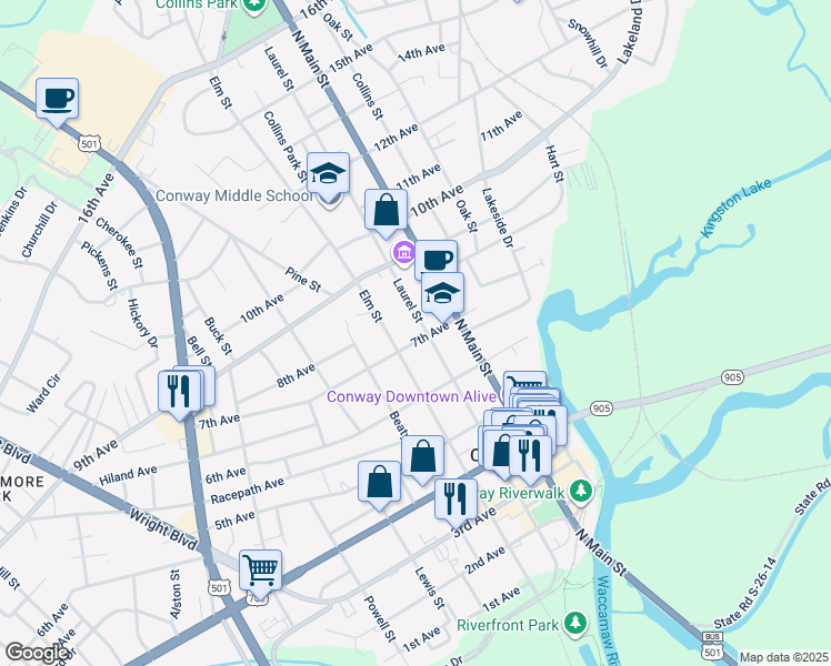 map of restaurants, bars, coffee shops, grocery stores, and more near 701 Laurel Street in Conway