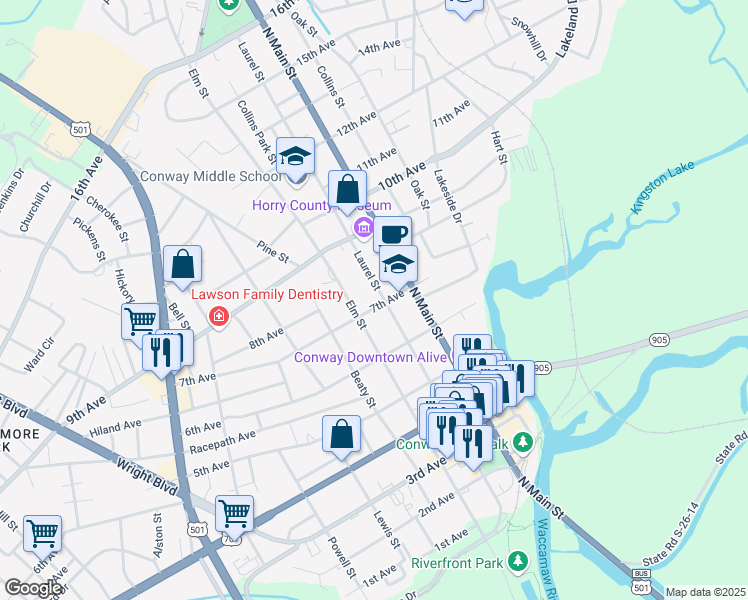 map of restaurants, bars, coffee shops, grocery stores, and more near 701 Laurel Street in Conway
