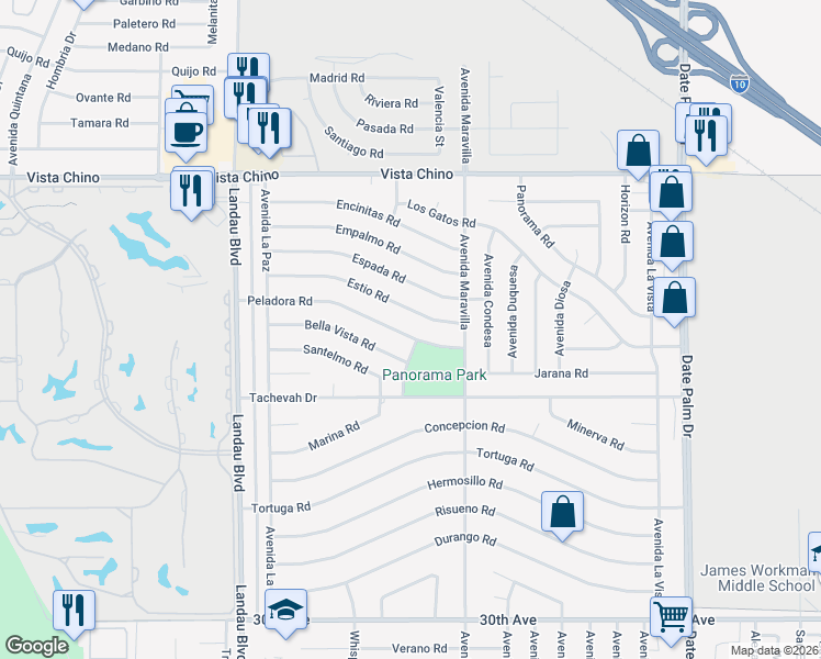 map of restaurants, bars, coffee shops, grocery stores, and more near 68380 Peladora Road in Cathedral City