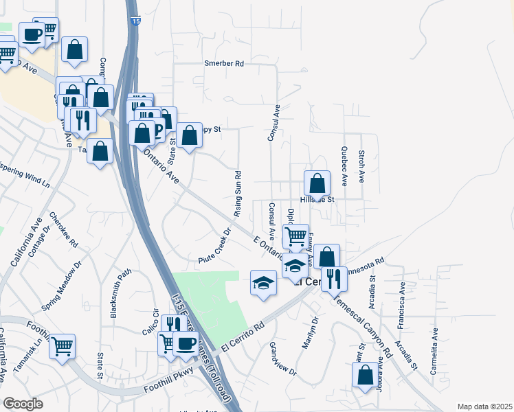 map of restaurants, bars, coffee shops, grocery stores, and more near 19270 Ambassador Avenue in Corona