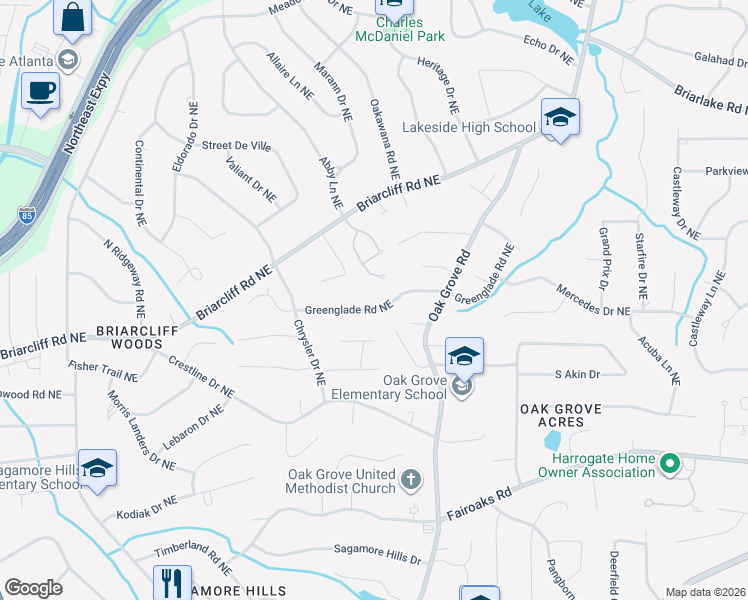 map of restaurants, bars, coffee shops, grocery stores, and more near 2362 Greenglade Road Northeast in Atlanta