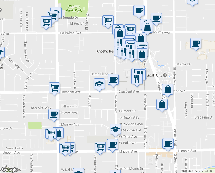 map of restaurants, bars, coffee shops, grocery stores, and more near 7426 Santa Valera Street in Buena Park