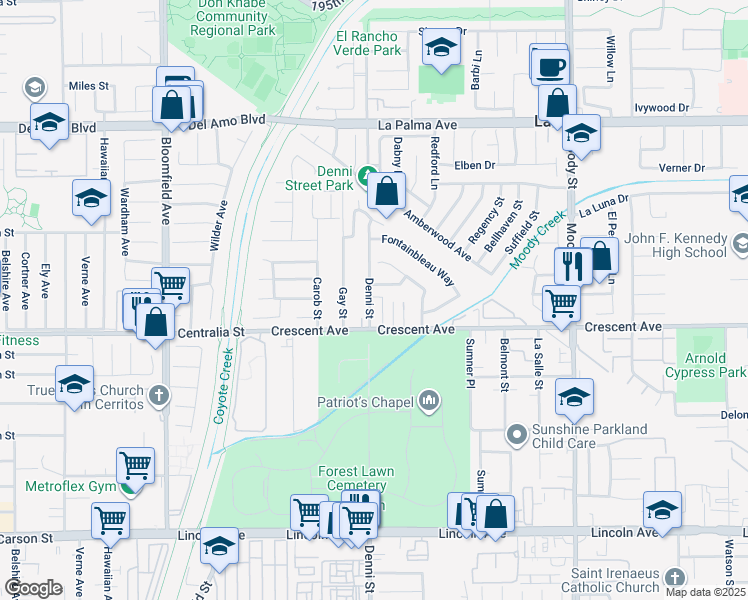 map of restaurants, bars, coffee shops, grocery stores, and more near 8412 Denni Street in Cypress