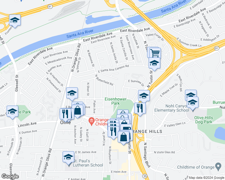 map of restaurants, bars, coffee shops, grocery stores, and more near 3020 North Butterfield Road in Orange