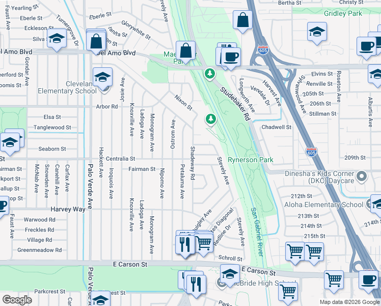 map of restaurants, bars, coffee shops, grocery stores, and more near 4513 Shadeway Road in Lakewood