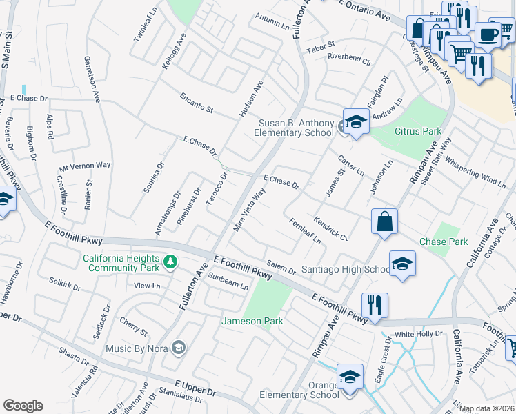 map of restaurants, bars, coffee shops, grocery stores, and more near 1044 Shadow Crest Circle in Corona