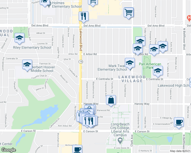 map of restaurants, bars, coffee shops, grocery stores, and more near 4508 Blackthorne Ave in Long Beach