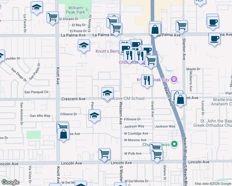 map of restaurants, bars, coffee shops, grocery stores, and more near 7462 Santa Valera Street in Buena Park