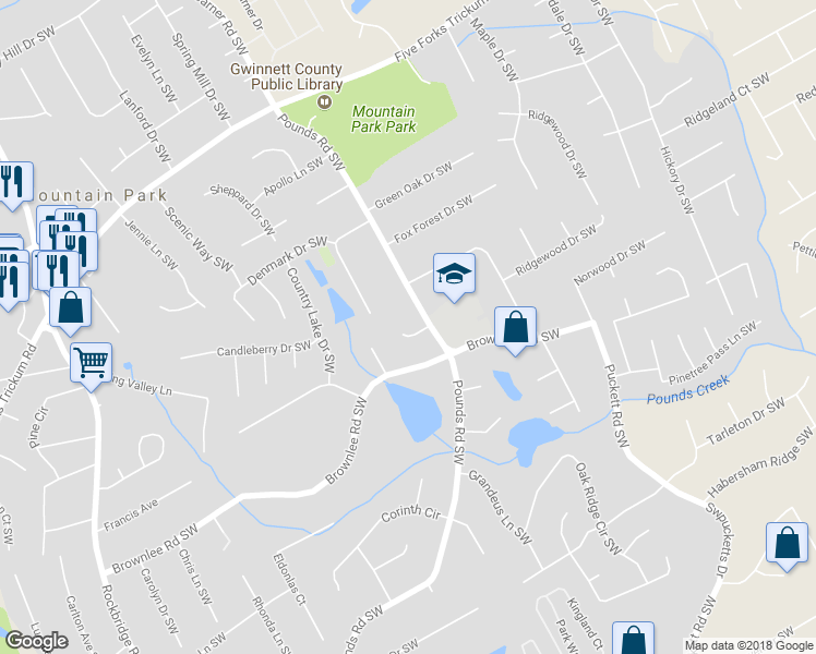 map of restaurants, bars, coffee shops, grocery stores, and more near 5117 Camilla Court Southwest in Lilburn