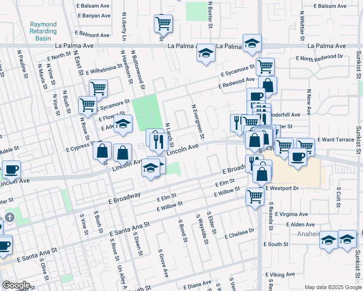map of restaurants, bars, coffee shops, grocery stores, and more near 1571 East Lincoln Avenue in Anaheim