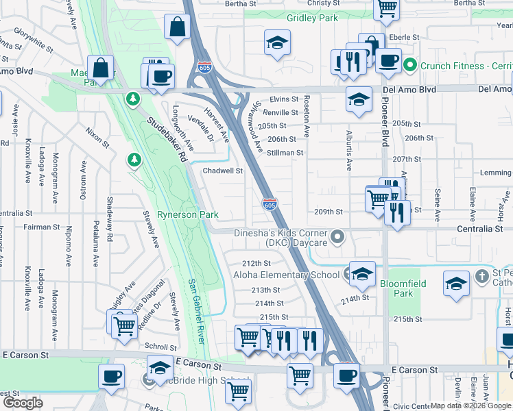 map of restaurants, bars, coffee shops, grocery stores, and more near 20712 Gridley Road in Lakewood