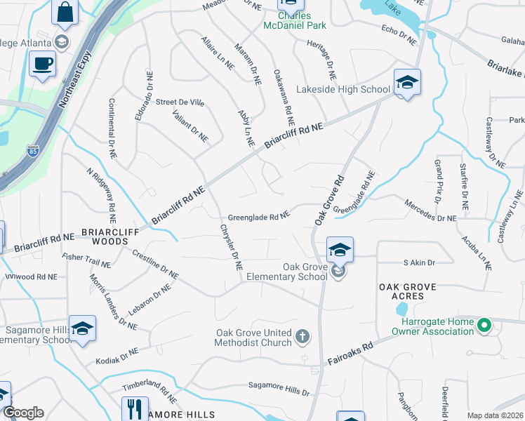 map of restaurants, bars, coffee shops, grocery stores, and more near 2322 Greenglade Road Northeast in Atlanta