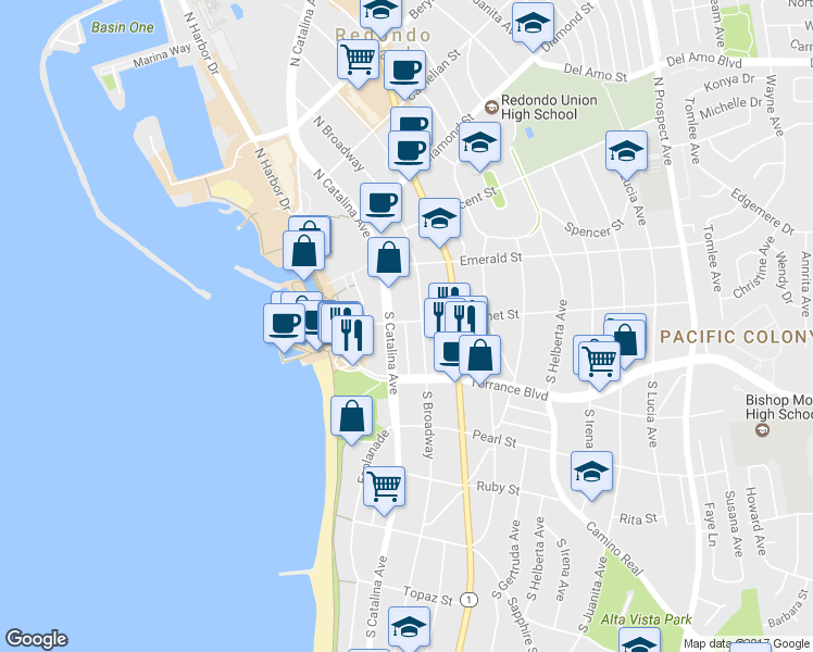 map of restaurants, bars, coffee shops, grocery stores, and more near 202 New High Ct in Redondo Beach