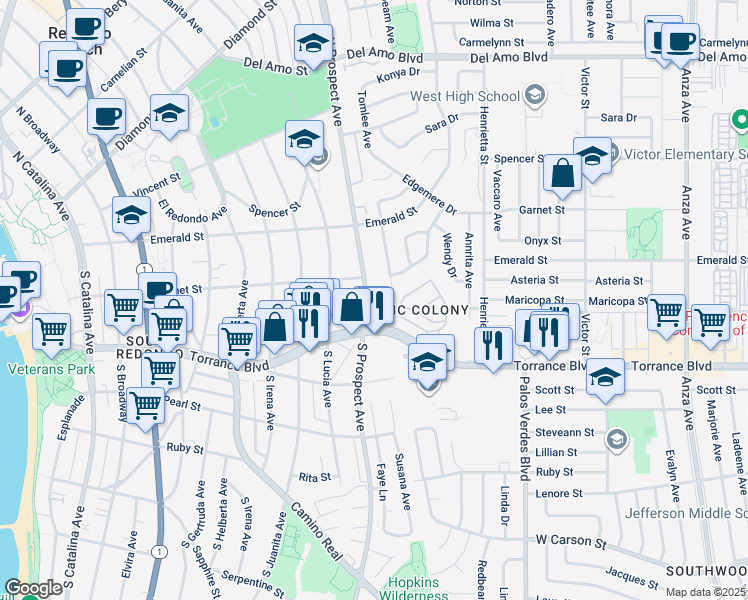 map of restaurants, bars, coffee shops, grocery stores, and more near 214 South Prospect Avenue in Redondo Beach