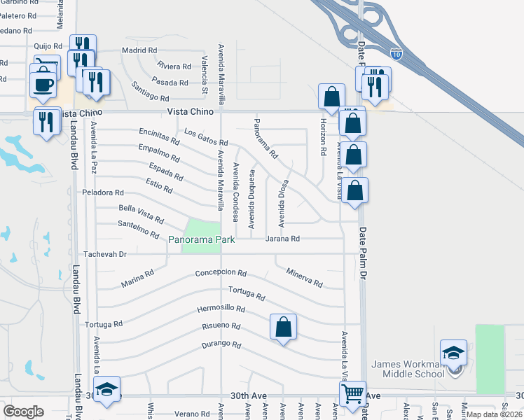 map of restaurants, bars, coffee shops, grocery stores, and more near 28653 Avenida Marquesa in Cathedral City