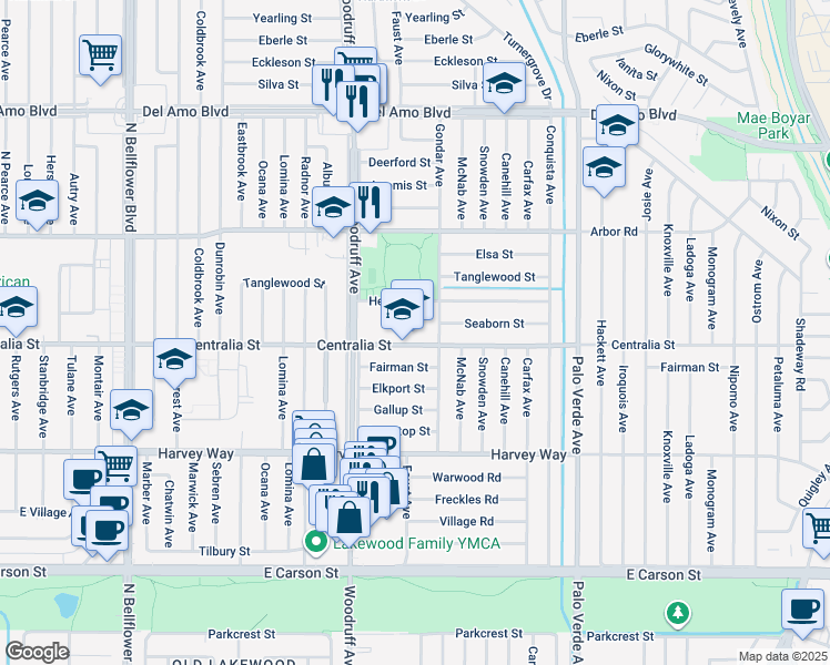 map of restaurants, bars, coffee shops, grocery stores, and more near 6011 Centralia Street in Lakewood