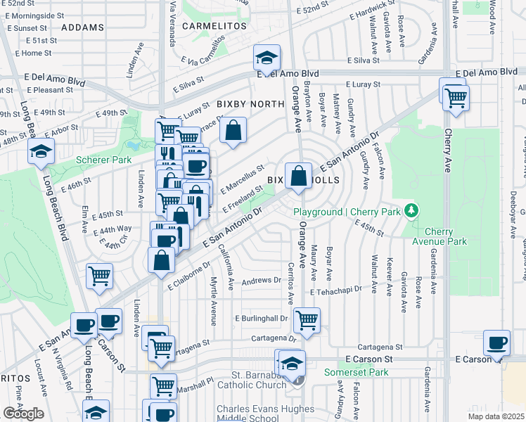 map of restaurants, bars, coffee shops, grocery stores, and more near 1082 East San Antonio Drive in Long Beach