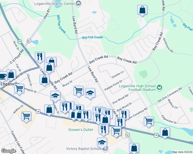 map of restaurants, bars, coffee shops, grocery stores, and more near 511 Lee Byrd Road in Loganville