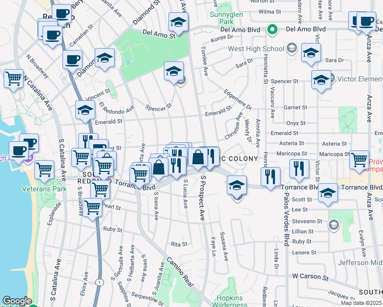 map of restaurants, bars, coffee shops, grocery stores, and more near 210 South Lucia Avenue in Redondo Beach