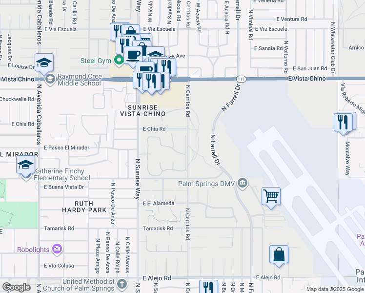 map of restaurants, bars, coffee shops, grocery stores, and more near 1259 Trofeo Circle in Palm Springs