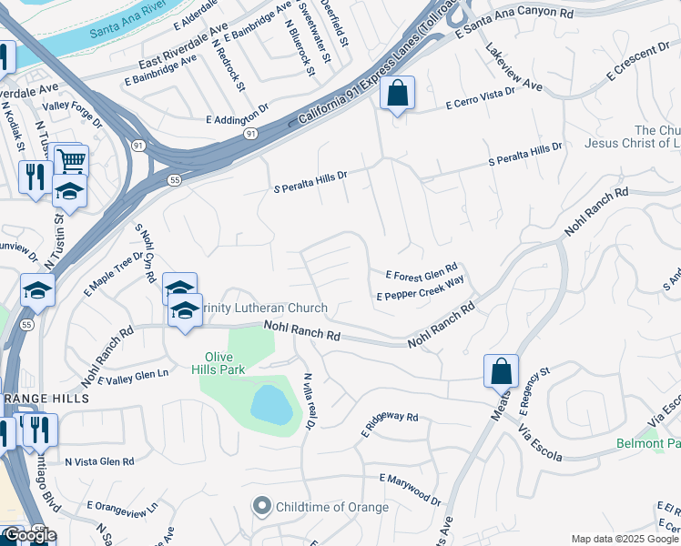 map of restaurants, bars, coffee shops, grocery stores, and more near 4419 East Orange Creek Lane in Anaheim