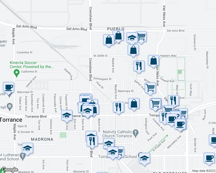 map of restaurants, bars, coffee shops, grocery stores, and more near 708 Acacia Avenue in Torrance