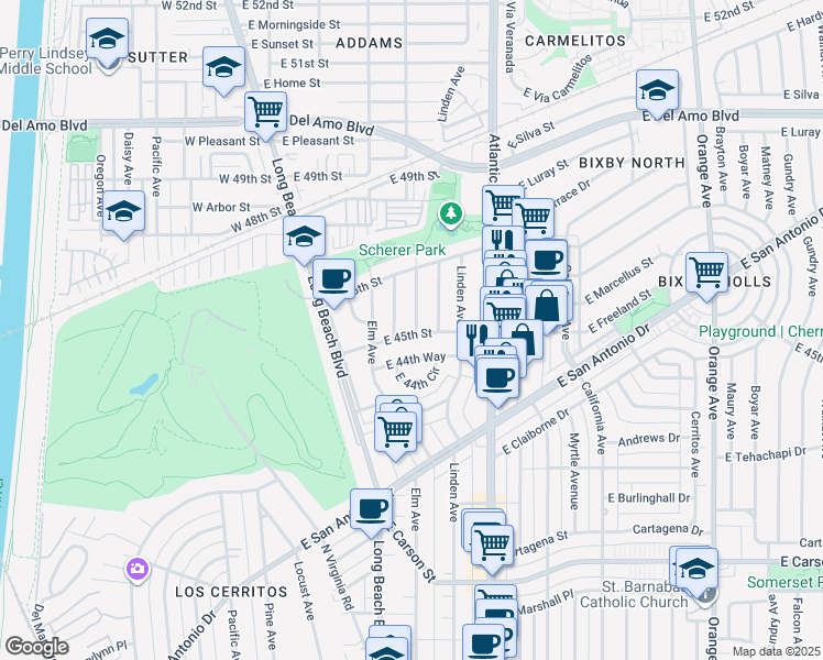 map of restaurants, bars, coffee shops, grocery stores, and more near 4503 Pasadena Avenue in Long Beach