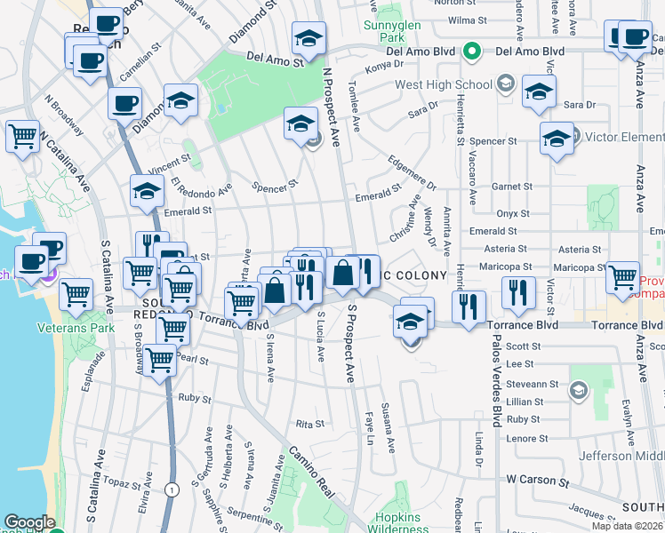 map of restaurants, bars, coffee shops, grocery stores, and more near 210 South Lucia Avenue in Redondo Beach