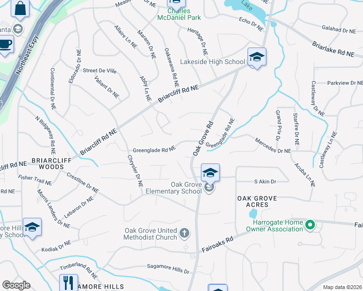 map of restaurants, bars, coffee shops, grocery stores, and more near 2401 Greenglade Road Northeast in Atlanta